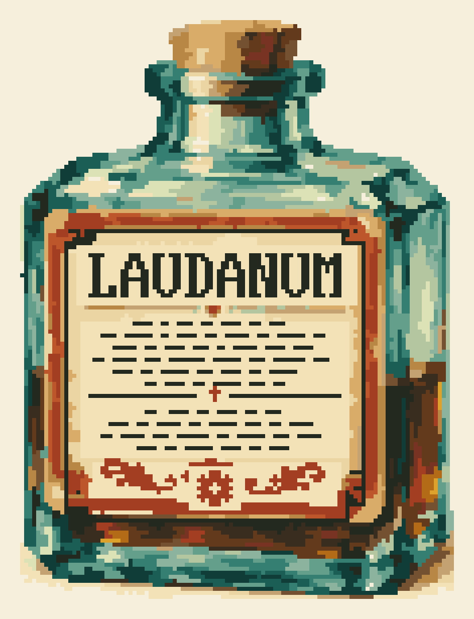 Laudanum canvas artwork: a corked green glass bottle filled with amber liquid, with an ornate cream and rust label reading LAUDANUM