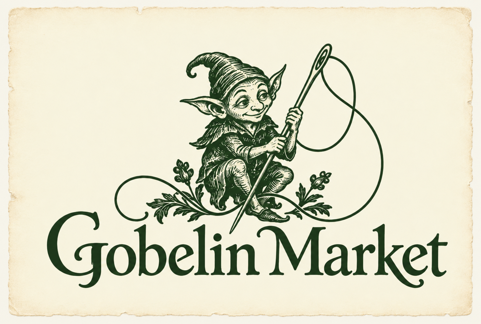 Gobelin Market: a contented goblin holding a tapestry needle, above the original shop lettering