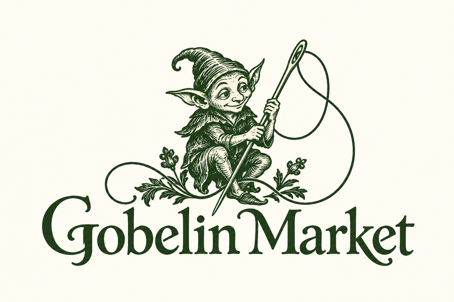 Gobelin Market: a contented goblin holding a tapestry needle, above the original shop lettering
